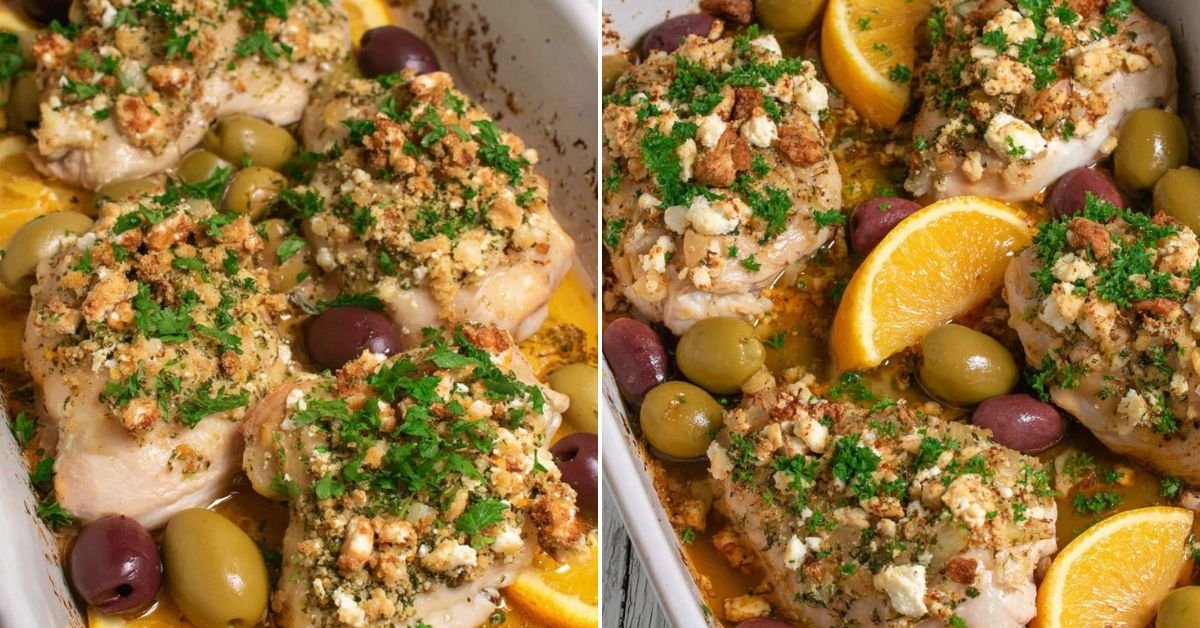 Baked Greek Lemon-Oregano Chicken with Feta and Olives
