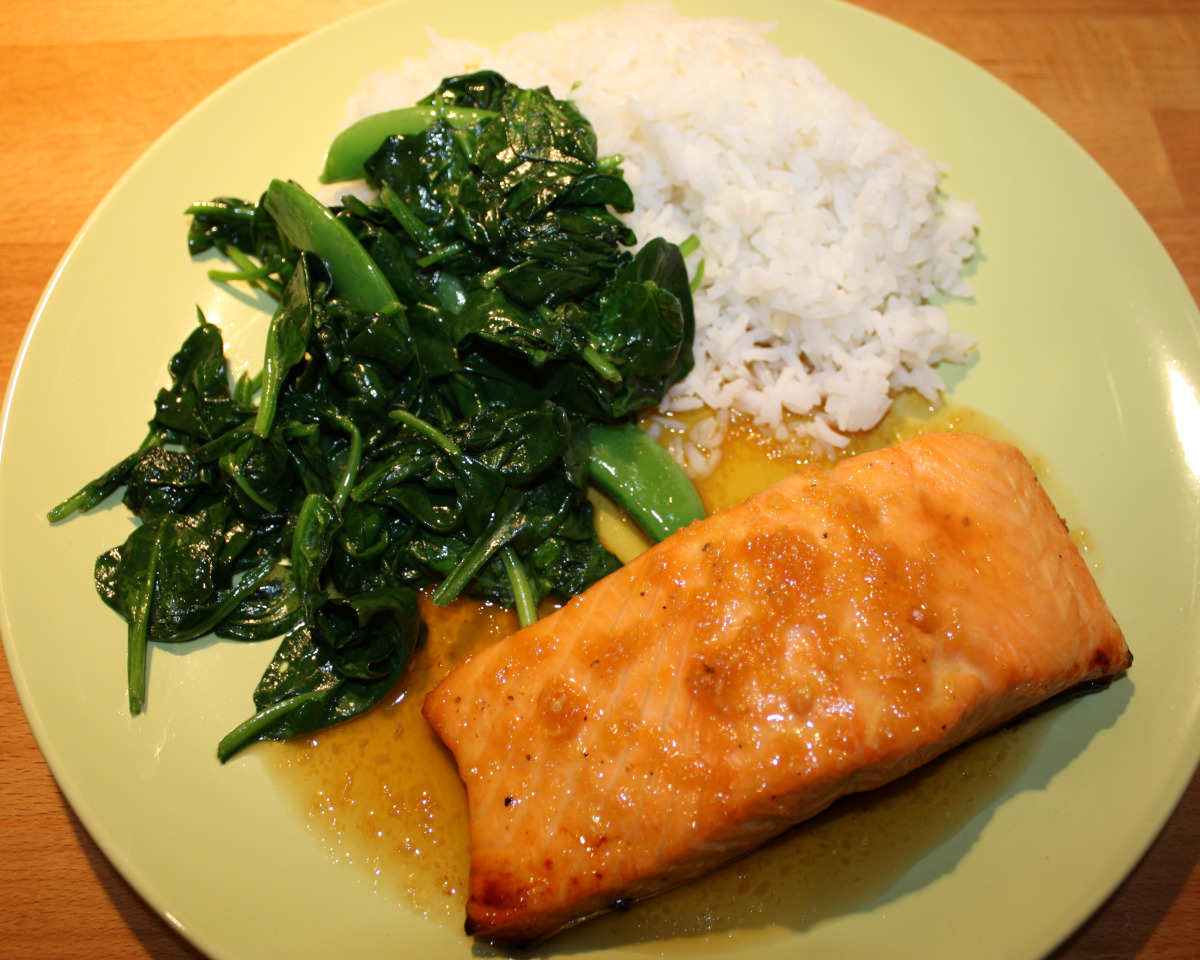Pan-Seared Salmon with Citrus-Ginger Glaze and Wilted Spinach