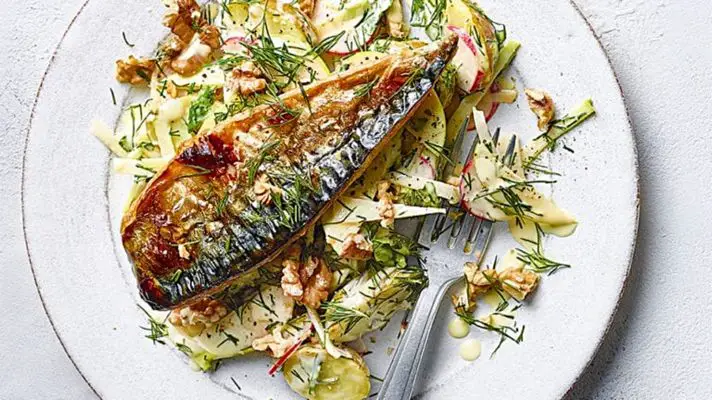 Soy-Ginger Glazed Grilled Mackerel with Pickled Daikon Salad