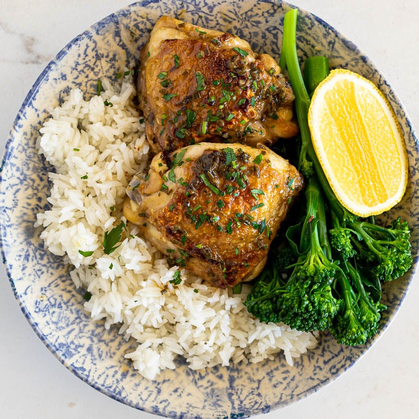 Seared Citrus-Marinated Chicken Thighs with Garlic Herb Pan Sauce