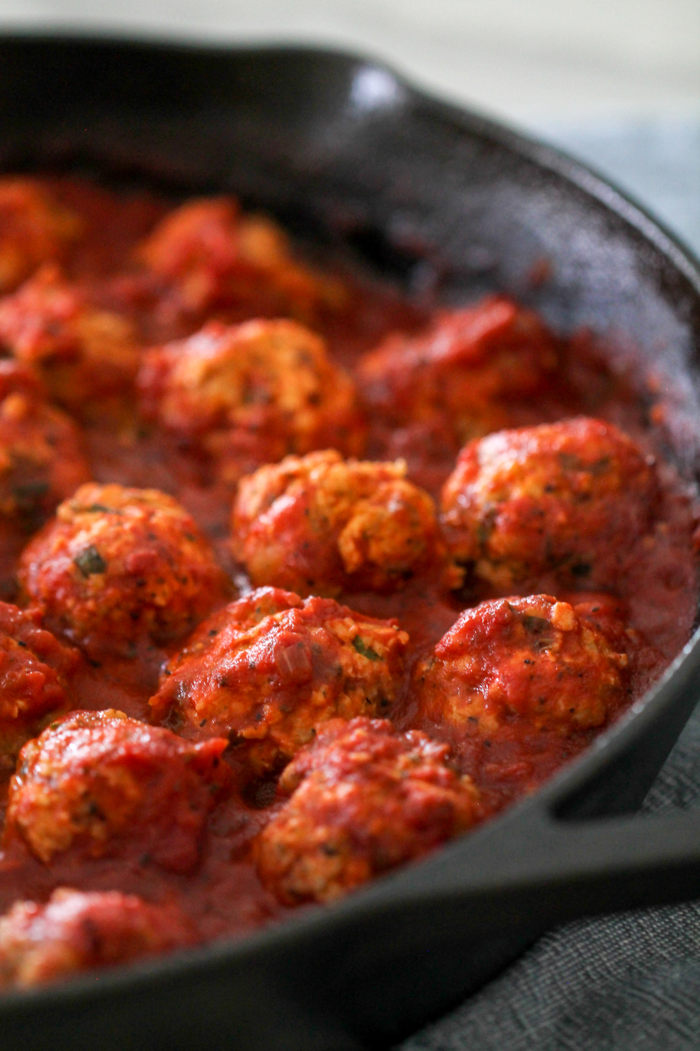 Skillet Chicken Meatballs with Garlic Tomato Sauce