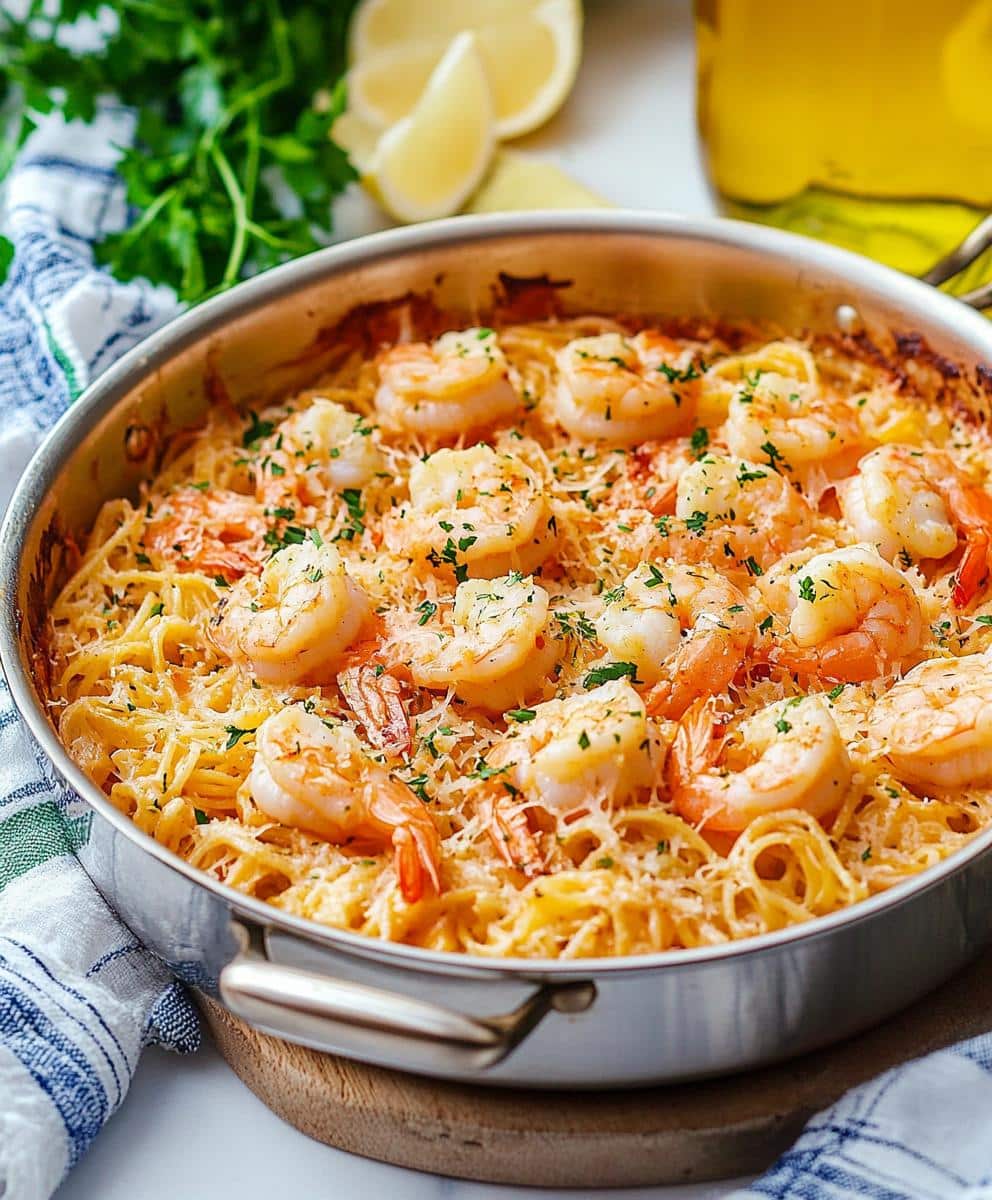 Sheet Pan Shrimp Pasta Bake with Creamy Parmesan Sauce