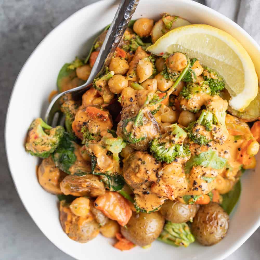 Plant-Based Sheet Pan Pesto Chickpea Bowl