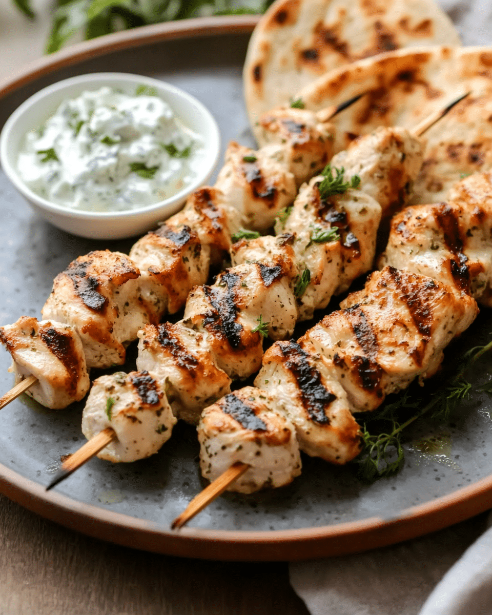 Slow-Simmered Greek Chicken Souvlaki with Tzatziki