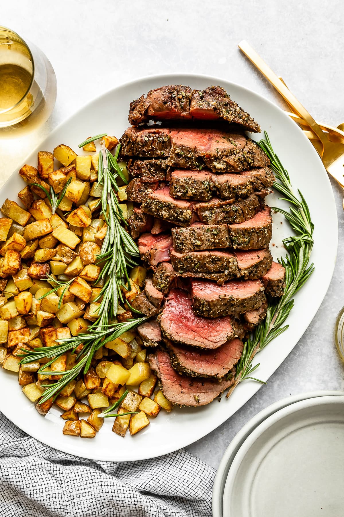 Seared Garlic-Rosemary Beef Tenderloin with Roasted Vegetables