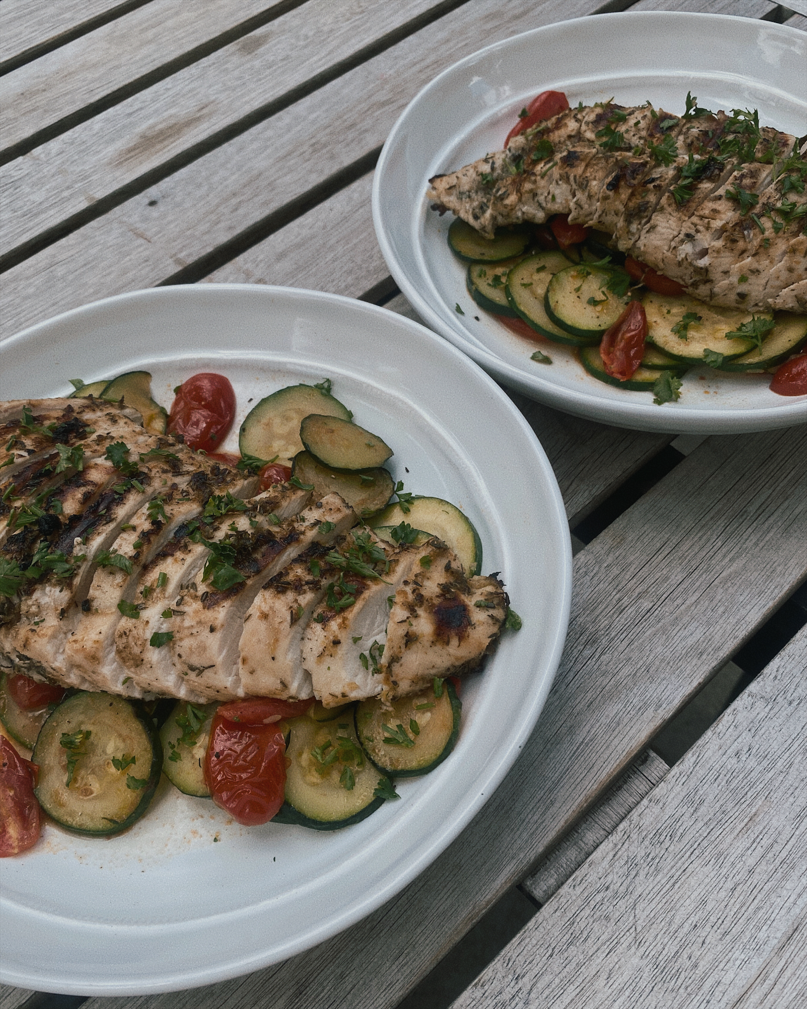 Pan-Roasted Lemon Herb Chicken with Sautéed Zucchini and Cherry Tomatoes