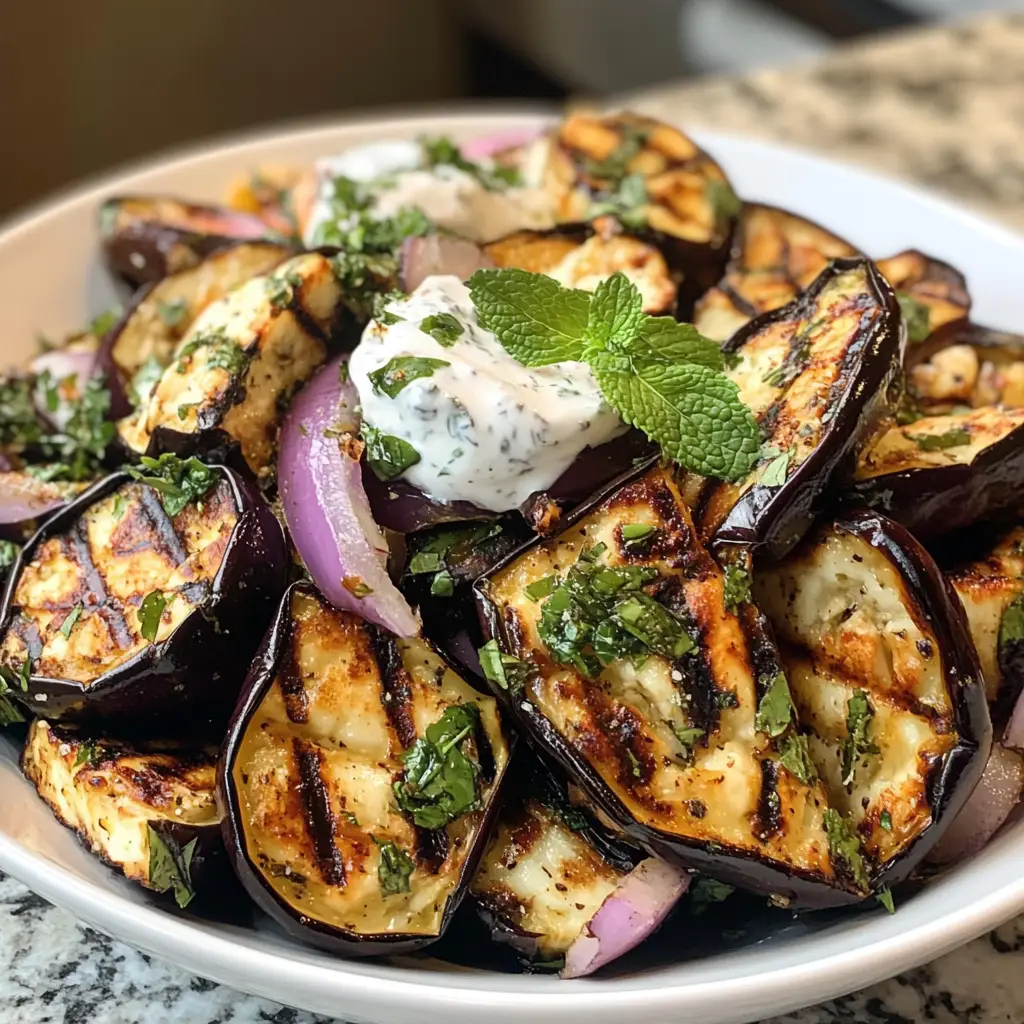 Grilled Eggplant and Halloumi Salad with Mint and Lemon Dressing