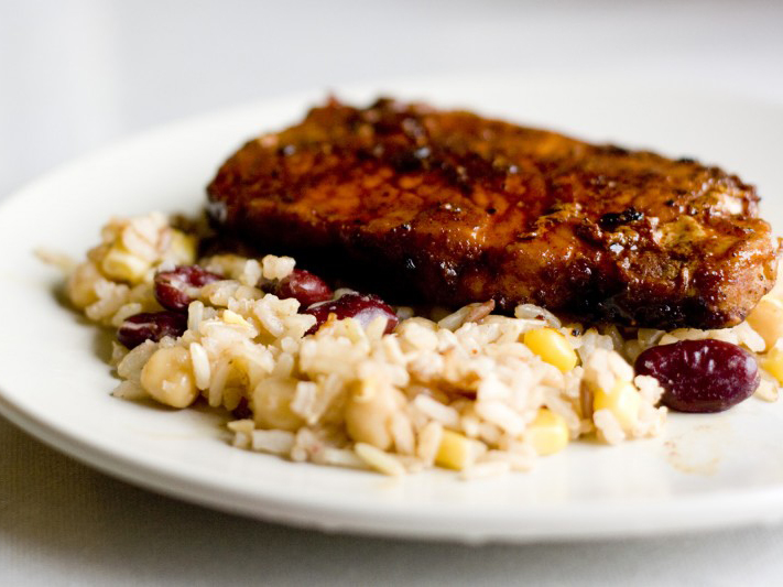 Grilled Cajun-Spiced Pork Chops with Corn and Black Bean Salad