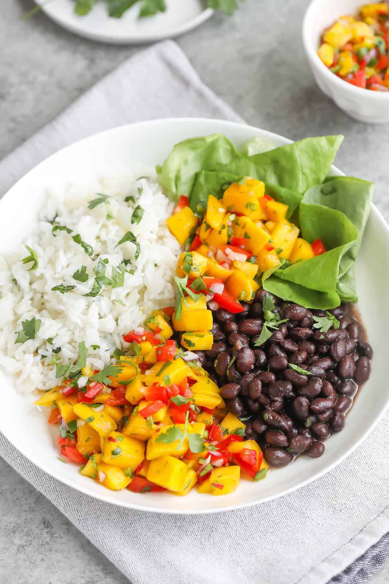 Island-style Black Bean and Rice Bowl with Mango Avocado Salsa
