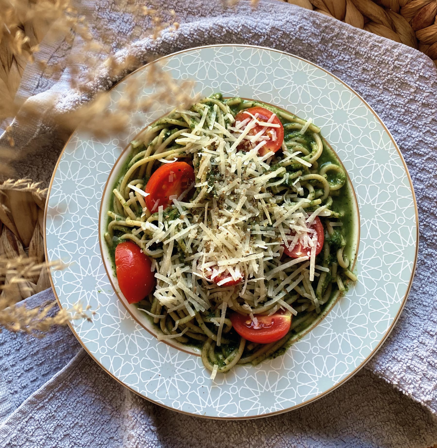 Lemon-Basil Pesto Pasta with Cherry Tomatoes and Pine Nuts