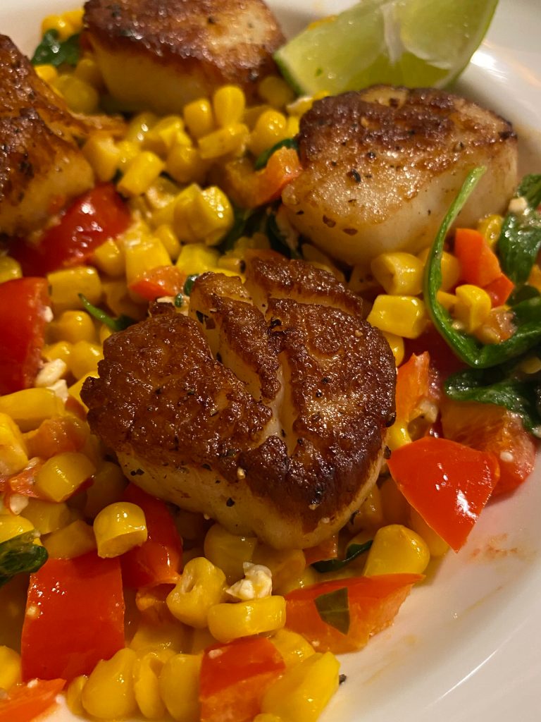 Pan-Seared Scallops with Charred Corn and Black-Eyed Pea Succotash