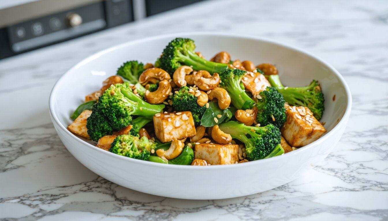 Stir-Fried Tofu with Ginger-Sesame Broccoli and Cashews