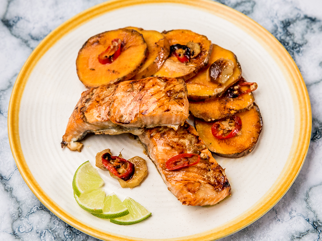 Citrus-Ginger Salmon with Roasted Sweet Potatoes