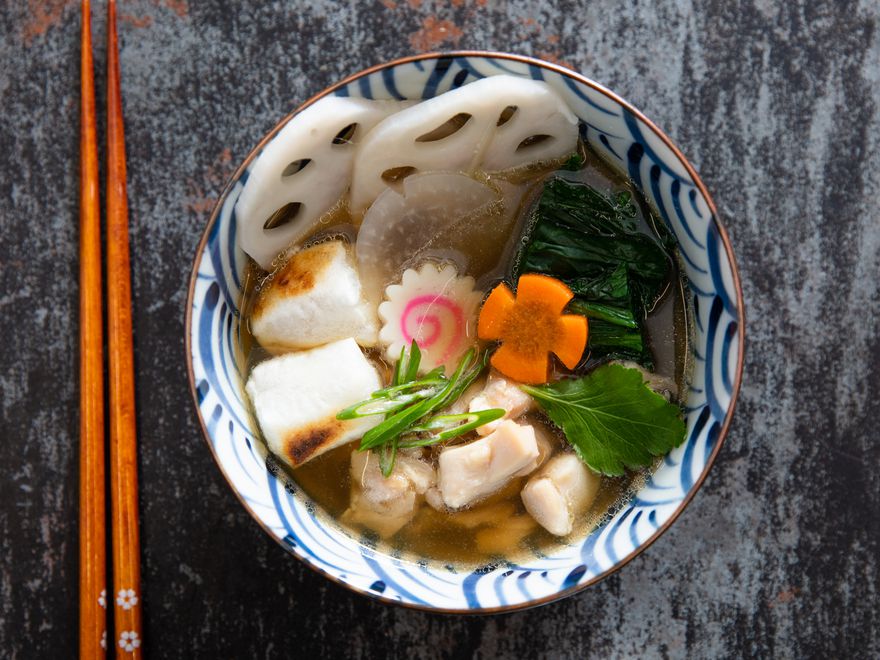 Chicken and Vegetable Ozoni with Clear Broth and Pan-Seared Mochi