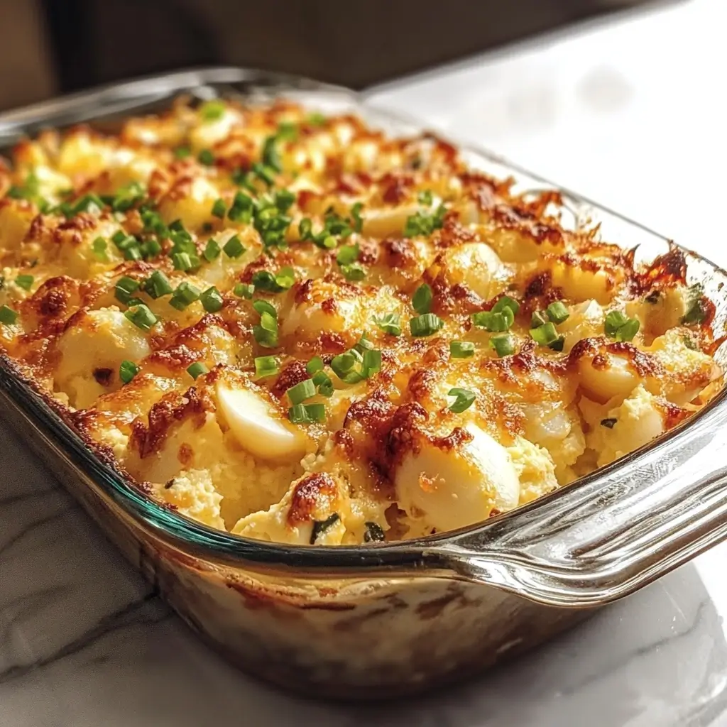 Baked Deviled Egg Casserole with Dijon and Parmesan