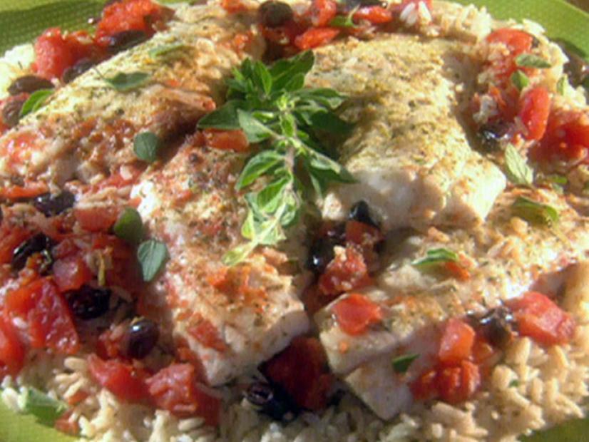 Pan-Seared Sea Bass with Olive Tapenade and Cucumber-Tomato Salad