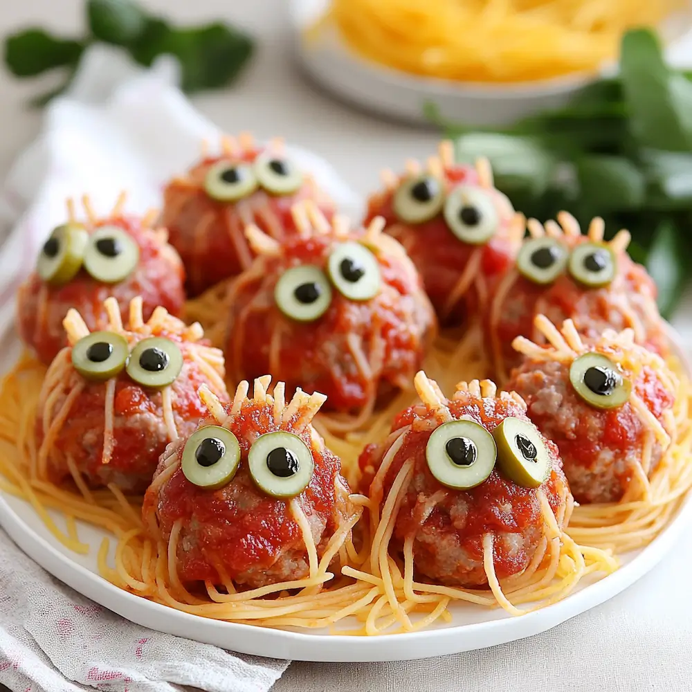 Baked Spooky Monster Meatballs with Olive Eyes