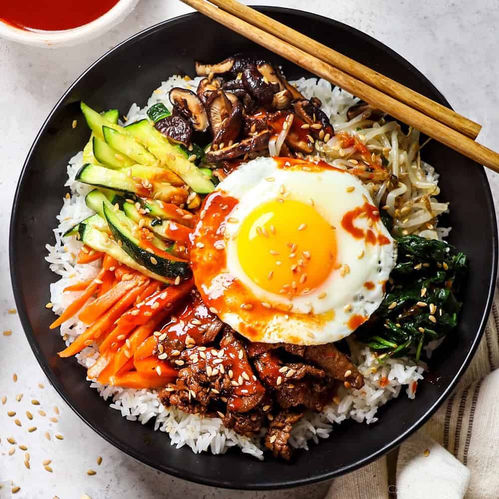 Ground Beef Bibimbap Stir Fry with Mixed Vegetables and Fried Egg