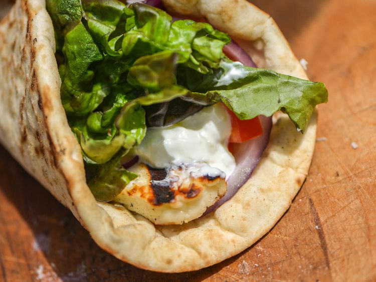 Halloumi and Roasted Red Pepper Pita Wraps with Garlic Yogurt Sauce
