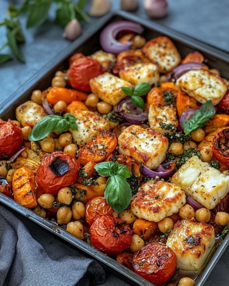 Halloumi and Chickpea Sheet Pan with Harissa and Lemon
