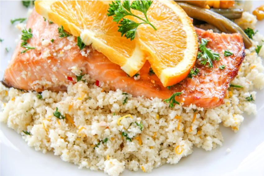 Broiled Citrus Salmon with Spiced Cauliflower Rice