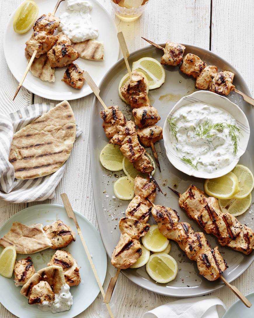 Lemon-Garlic Marinated Chicken Skewers with Yogurt Sauce