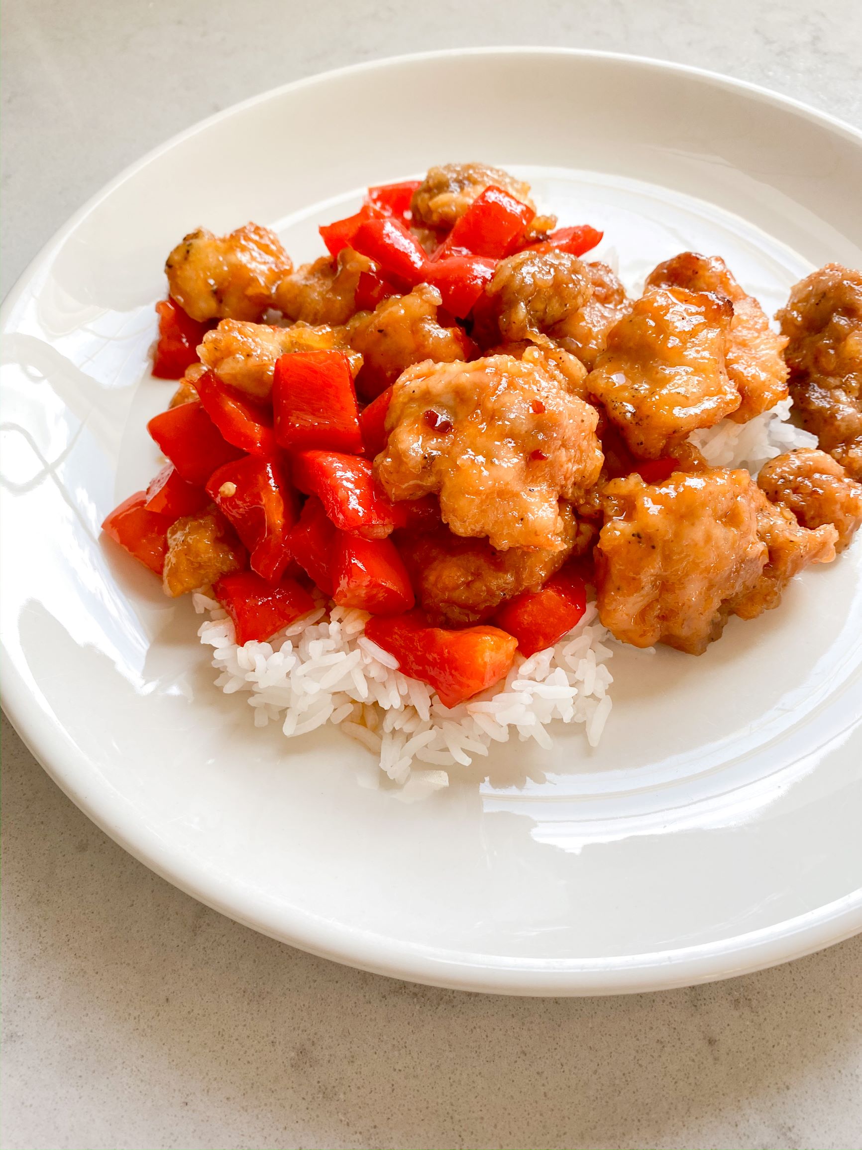 Stir-Fried Ground Chicken Wontons with Sweet and Sour Sauce
