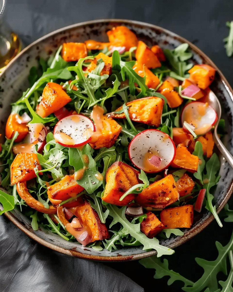 Pan-Seared Salmon with Roasted Sweet Potato and Arugula Salad