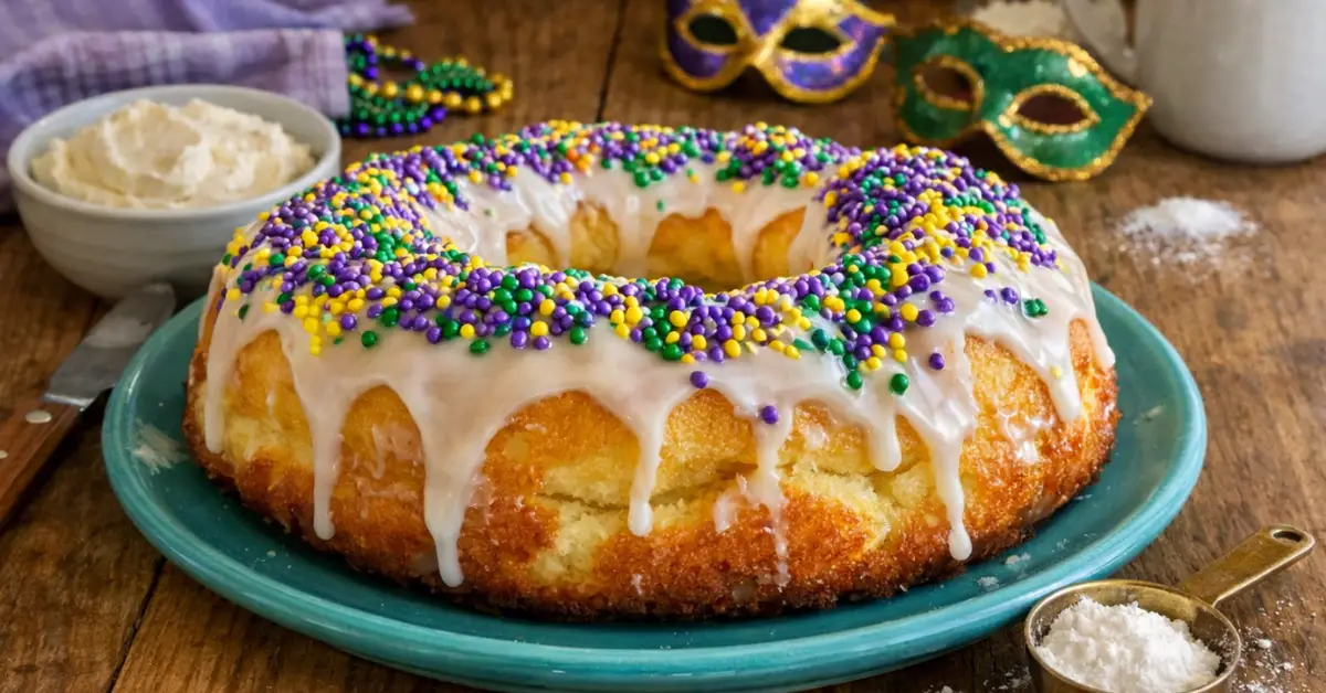 Traditional Mardi Gras King Cake with Cream Cheese Filling