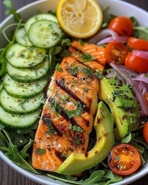 Grilled Citrus-Marinated Salmon with Avocado and Arugula Salad