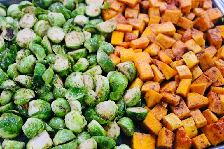 Caramelized Sweet Potato & Brussels Sprout Bowl with Maple-Tahini Dressing