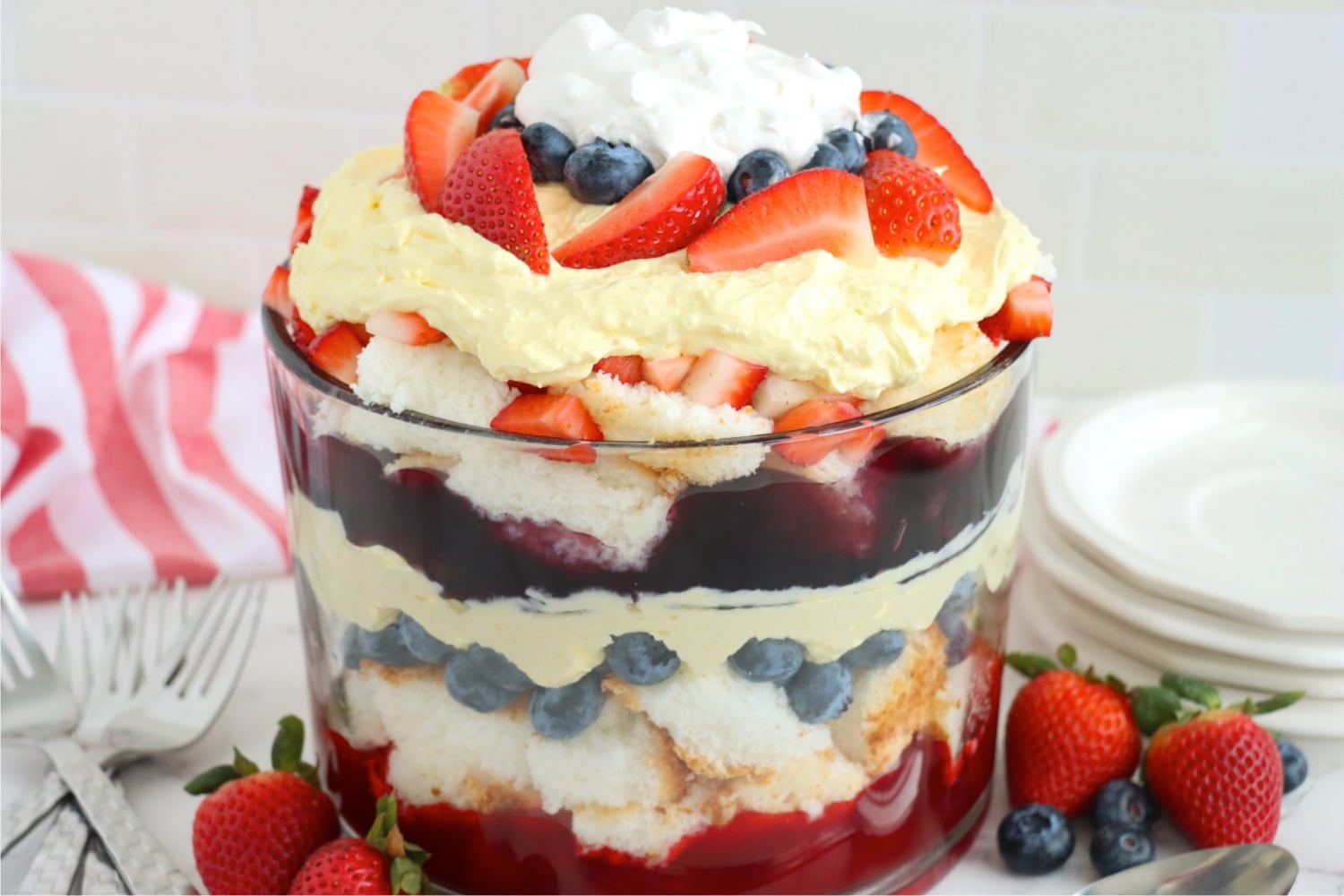 Patriotic Berry Trifle with Vanilla Whipped Cream for 4th of July