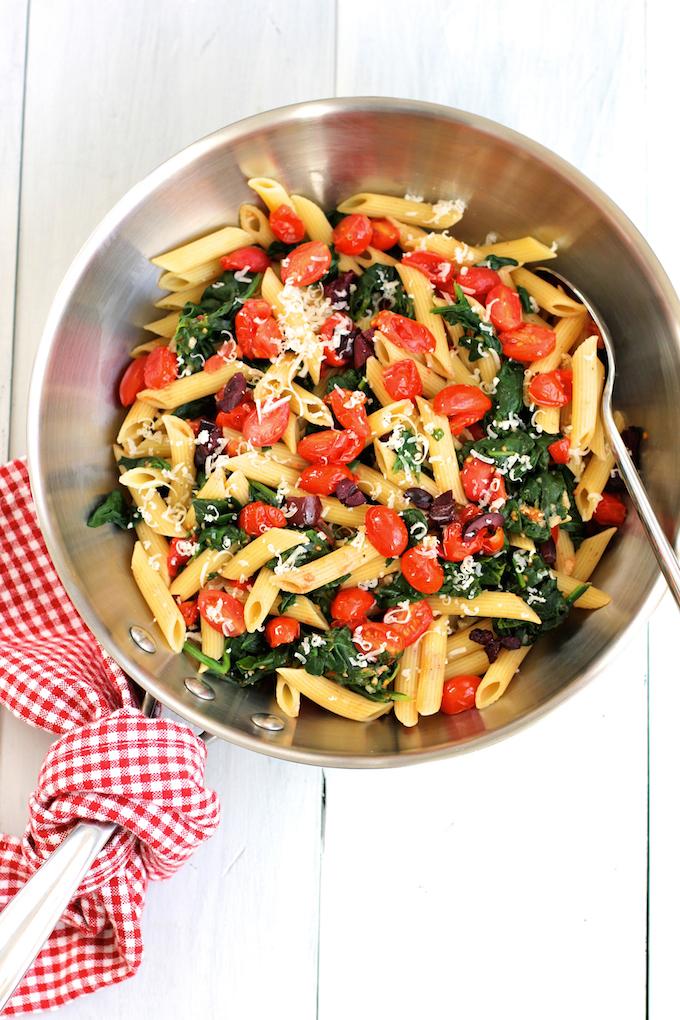 Whole Wheat Penne with Spinach and Roasted Cherry Tomato Sauce