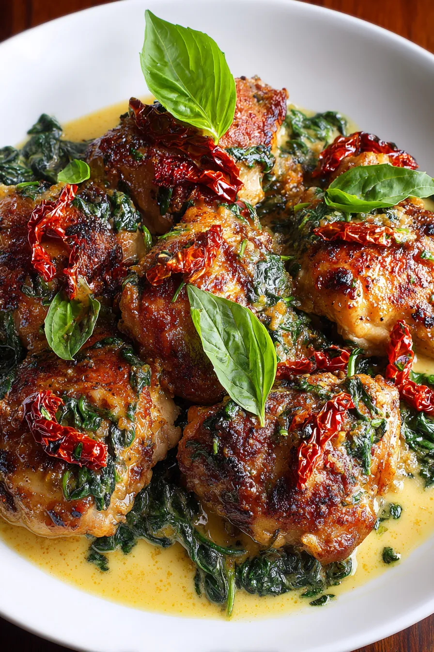 Sautéed Garlic Chicken Thighs with Spinach and Cherry Tomatoes