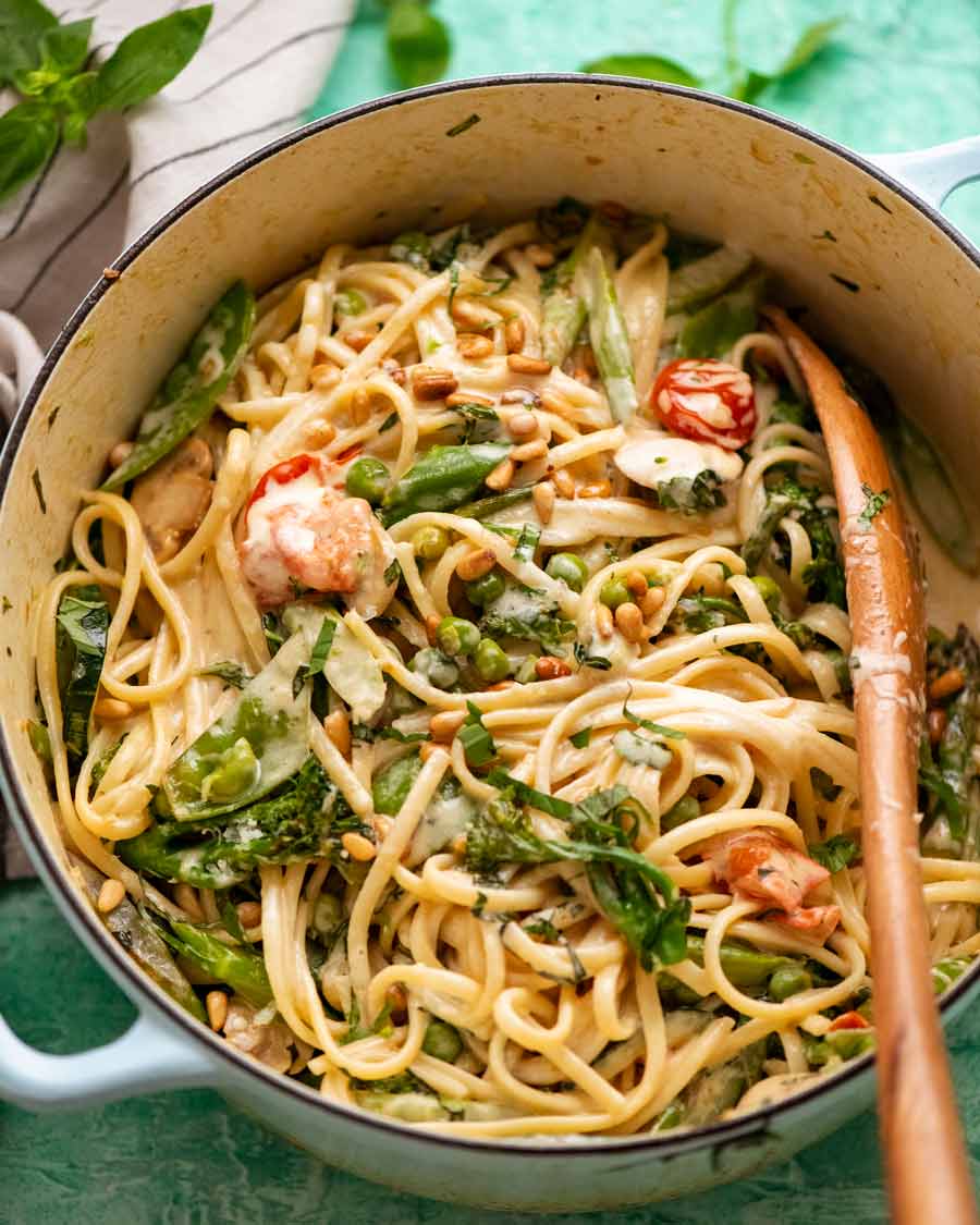 Gluten-Free Pasta Primavera with Garlic and Baby Spinach