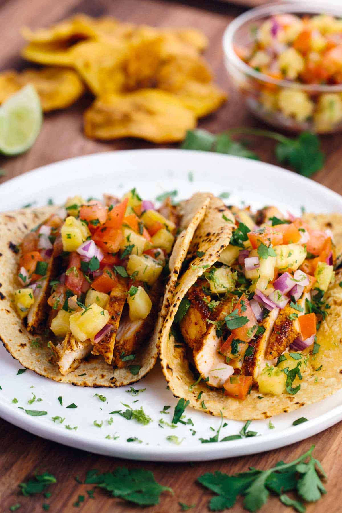 Pan-Seared Chicken Tacos with Roasted Poblano and Pineapple Salsa