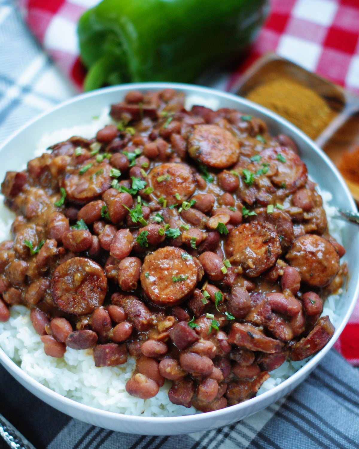 Spicy Red Beans and Rice with Smoked Sausage and Creole Vegetables