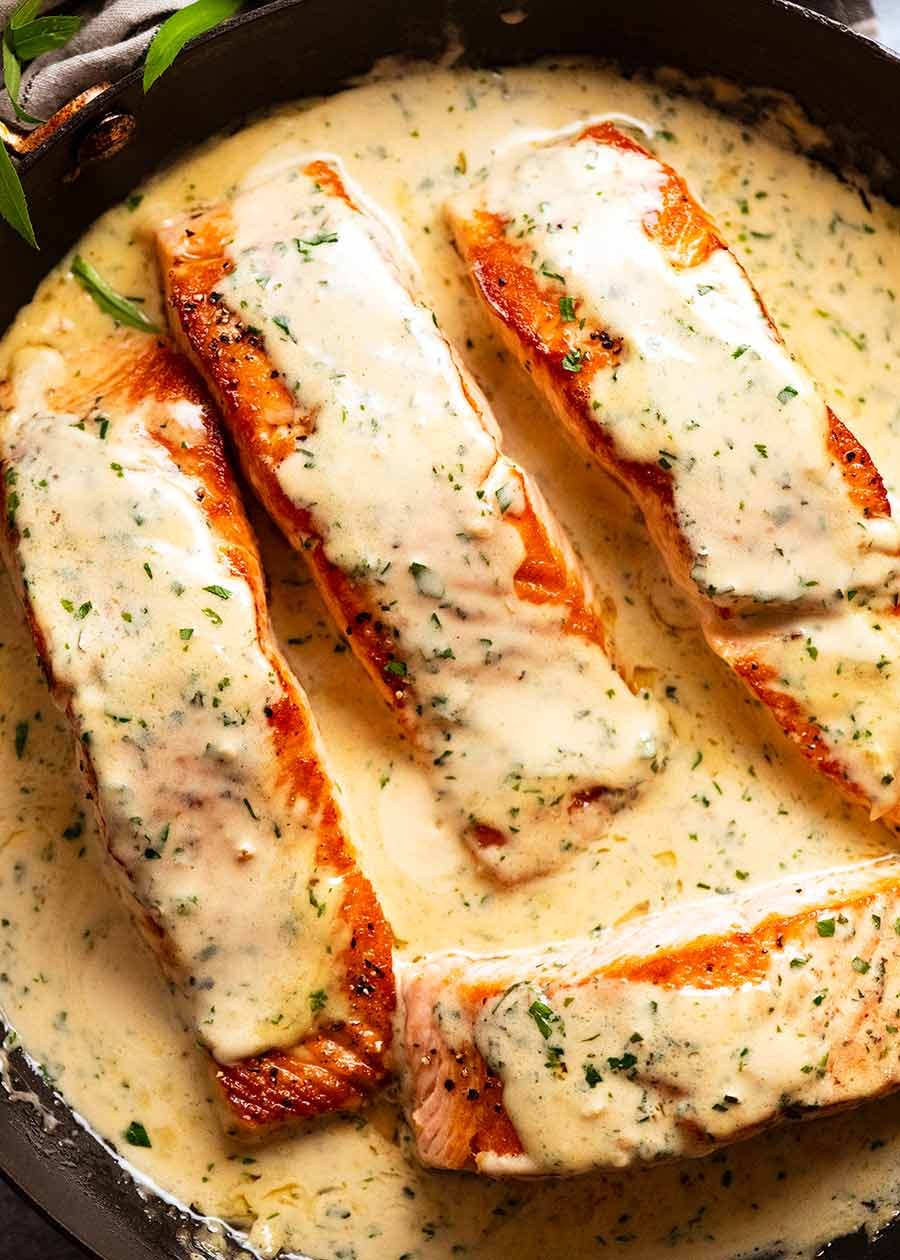 Pan-Seared Basil Salmon with Creamy Herb Sauce
