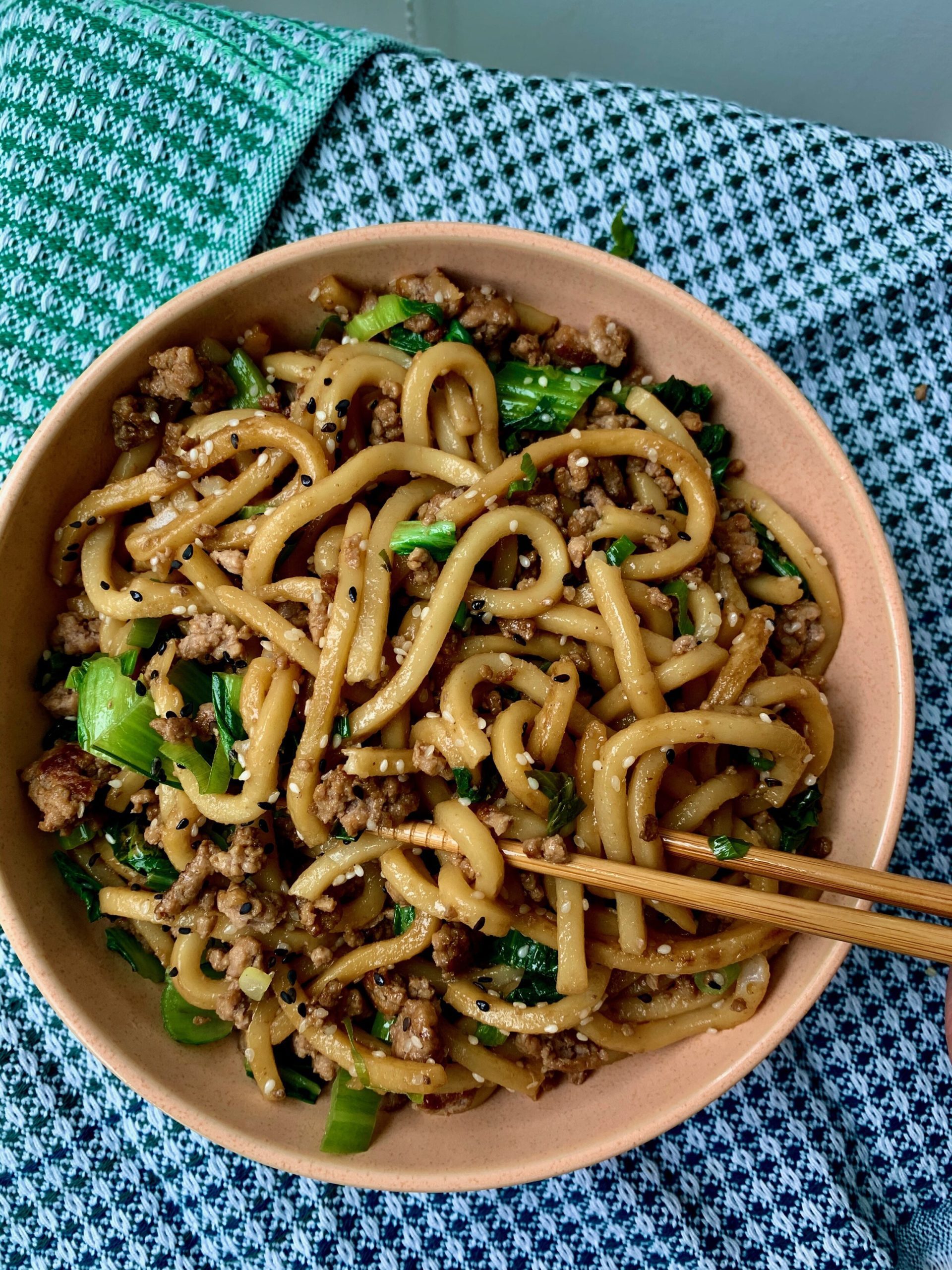 Stir-Fried Udon Noodles with Shiitake Mushrooms and Bok Choy