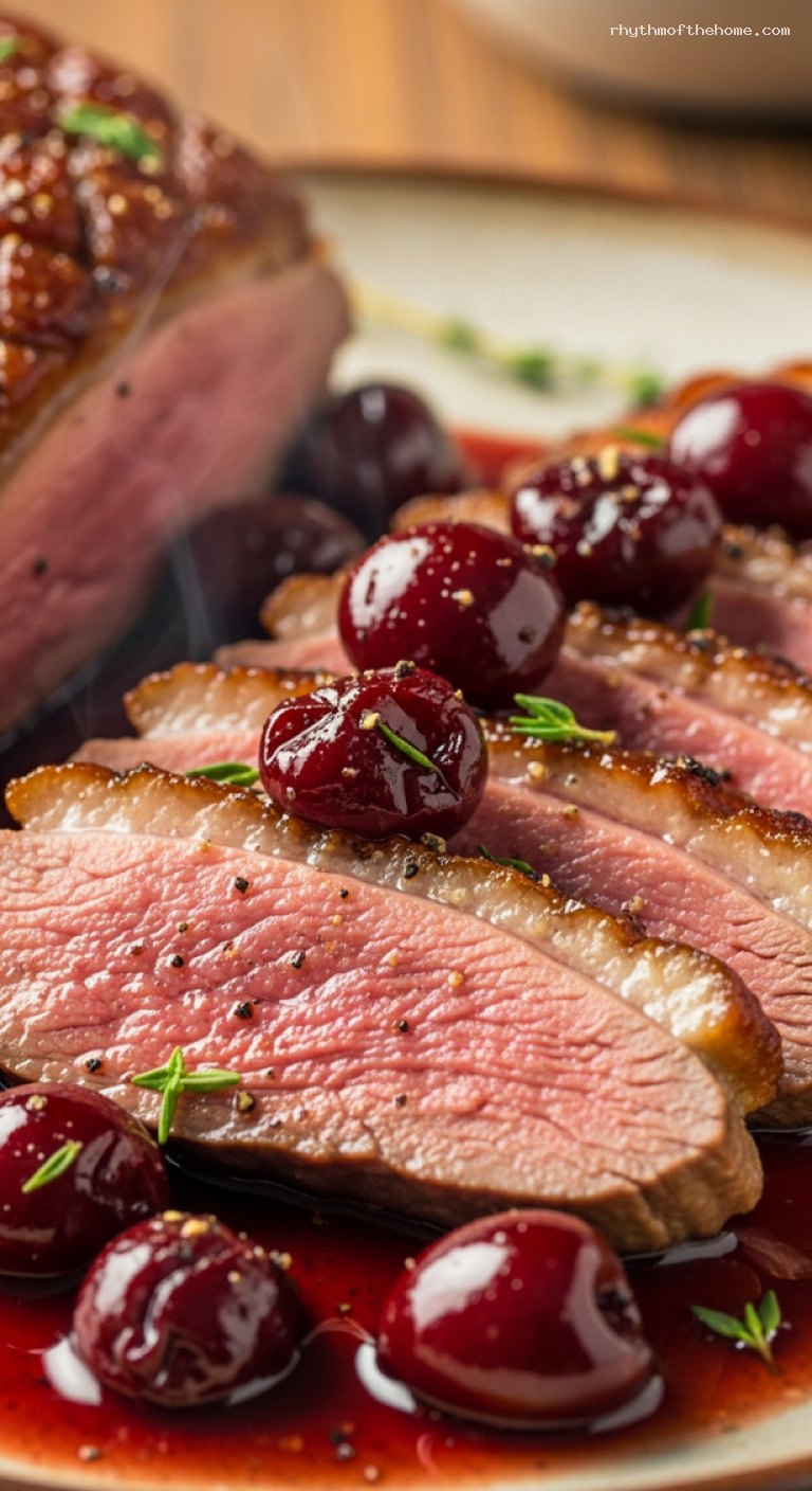 Pan-Seared Duck Breast with Red Wine and Cherry Reduction