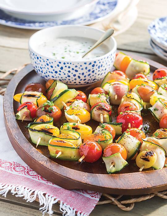 Grilled Tomato & Zucchini Skewers with Herbed Goat Cheese