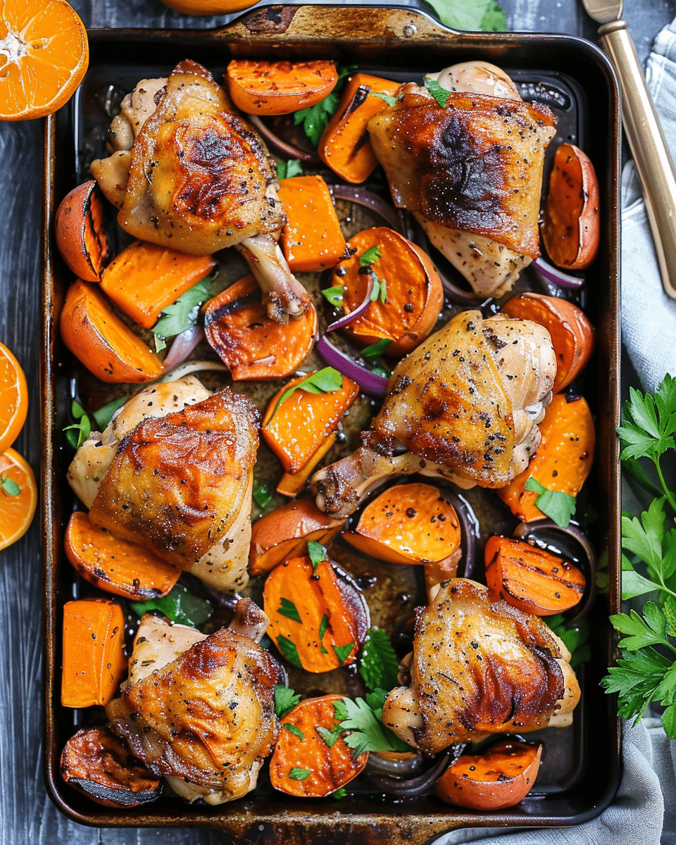 Pan-Seared Chicken Thighs with Roasted Sweet Potato and Apple