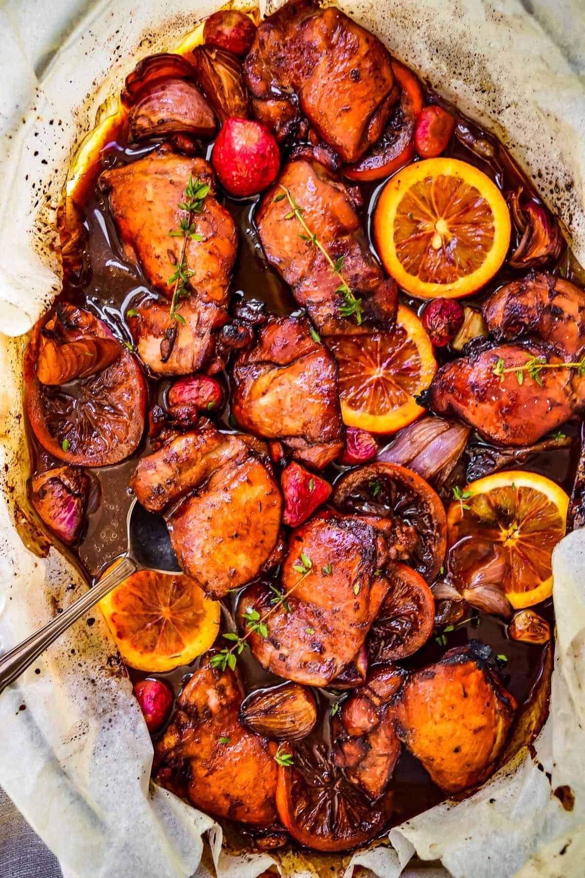 Pan-Seared Chicken Thighs with Balsamic Glaze and Roasted Garlic