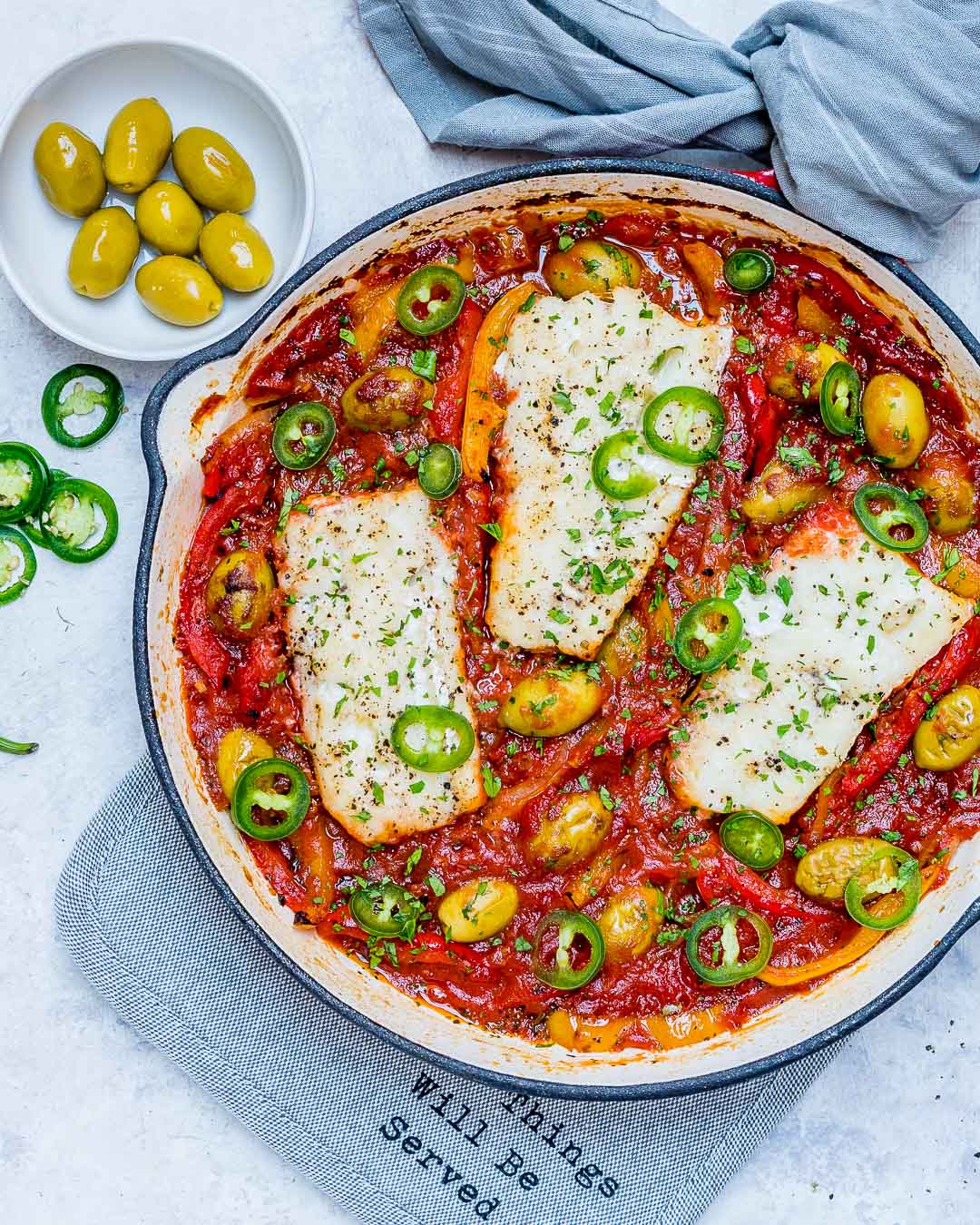 Baked Cod with Tomato-Olive Sauce and Feta Crumble