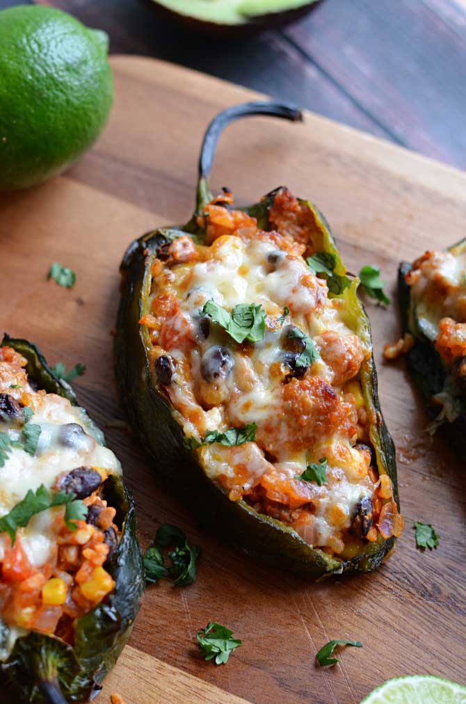 Baked Mexican-Style Stuffed Poblanos with Cheese and Black Beans