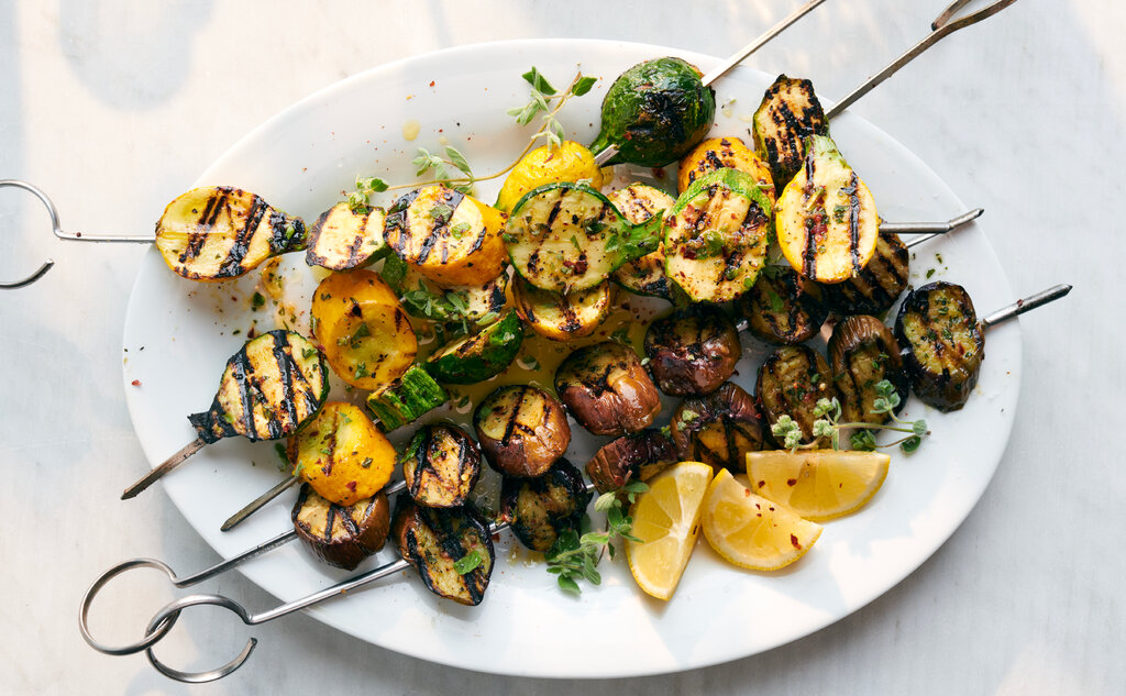 Highball Summer Vegetable Skewers with Sesame-Ginger Dressing
