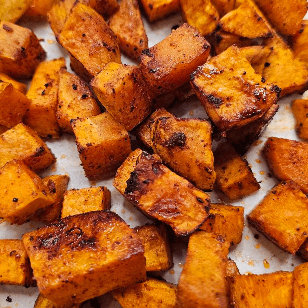 Sautéed Garlic Spinach with Roasted Sweet Potato Cubes