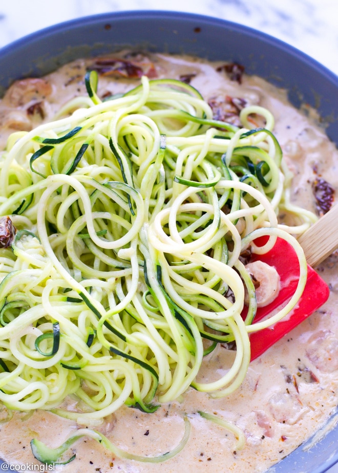 Sautéed Shrimp with Zucchini Noodles and Tomato Basil Sauce