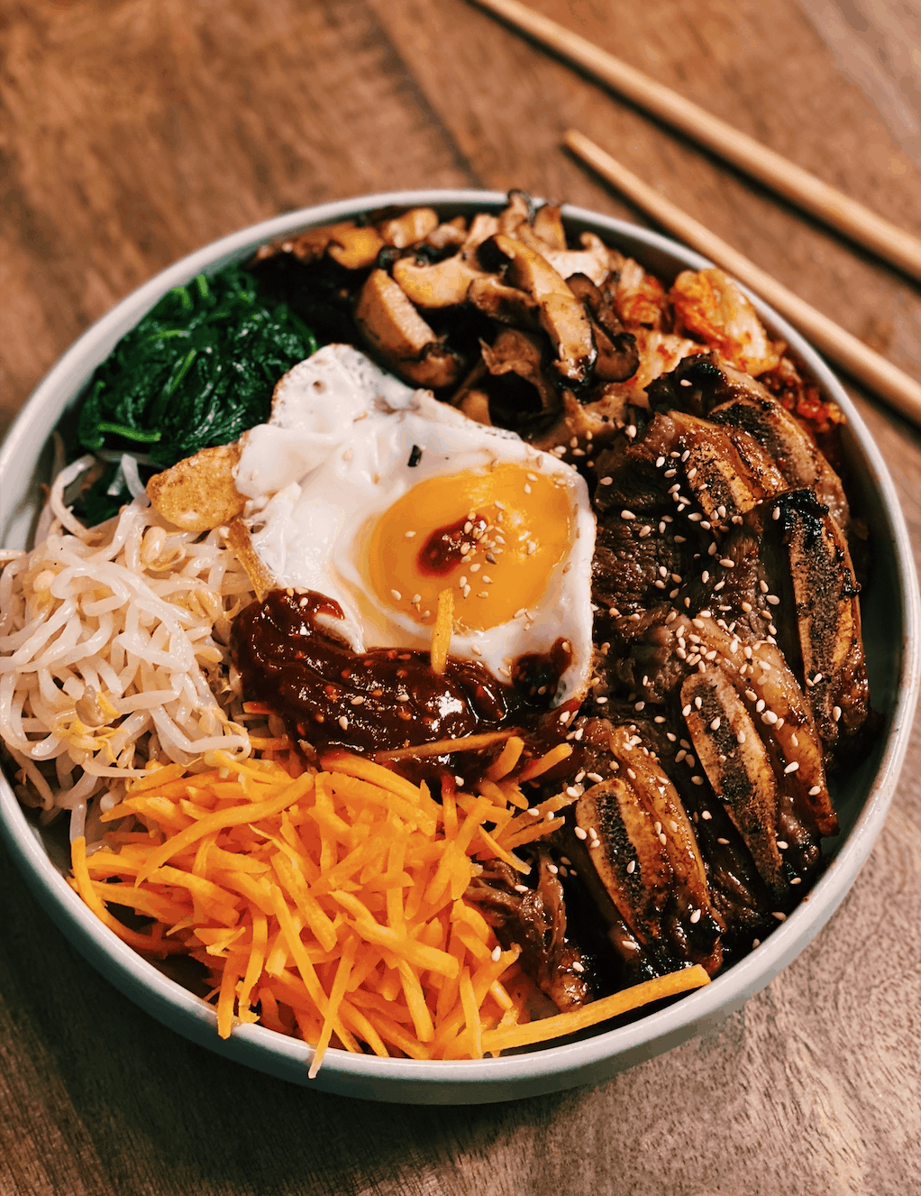 Miso-Glazed Eggplant Bibimbap with Carrot and Spinach Namul