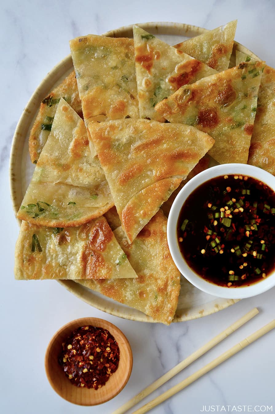 Stir-Fried Chinese Scallion Pancakes with Sesame Soy Dipping Sauce
